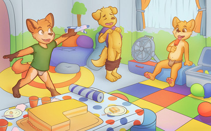 animal_genitalia anthro birthday_cake birthday_party bottomwear bottomwear_down cake clothed clothing dessert food genitals group inside male pants pants_down pantsless partially_clothed pawpads popsicle sheath trio underwear young akonipup canid canine canis domestic_dog fox mammal absurd_res hi_res