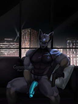 5_fingers abs anthro areola arms_bent bangs bent_legs black_areola black_body black_eyebrows black_fur black_hair black_nipples black_nose black_pubes black_sky black_sofa blue_claws blue_markings blue_penis brown_eyes building city claws eyebrows facial_markings finger_claws fingers forehead_markings fur fur_markings furniture genitals glint grey_highlights grey_pillow gun hair handgun head_markings highlights_(coloring) holding_gun holding_handgun holding_object holding_own_penis holding_penis holding_pistol holding_ranged_weapon holding_weapon humanoid_genitalia humanoid_penis inside light looking_at_viewer male markings mismatched_genitalia mismatched_humanoid_penis mismatched_penis mouth_closed multicolored_body multicolored_fur multicolored_hair muscular muscular_anthro muscular_male muscular_thighs night nipples nude_anthro nude_male on_sofa pecs penis pillow pistol pubes ranged_weapon short_hair sitting sitting_on_sofa sky skyscraper sofa solo spread_legs spreading text thick_thighs two_tone_hair weapon window angellumen canid canine mammal 2023 artist_name colored digital_drawing_(artwork) digital_media_(artwork) english_description english_text hi_res lighting portrait shaded three-quarter_portrait