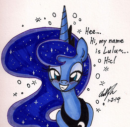 blue_eyes blue_hair blush drunk female feral hair horn long_hair looking_at_viewer smile solo substance_intoxication newyorkx3 friendship_is_magic hasbro my_little_pony mythology princess_luna_(mlp) equid equine mammal mythological_creature mythological_equine unicorn 2014