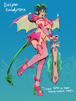 4_horns 4_wings armwear back_wings big_breasts bikini black_hair black_horn black_tail blue_background breasts cleavage clothed clothed_female clothed_humanoid clothing colored_nails dialogue ear_piercing ear_ring elbow_gloves eyelashes fangs feet female female_humanoid fingernails fingers footwear gloves green_clothing green_eyes green_fingernails green_footwear green_horn green_nails green_sandals green_tail green_toenails hair handwear happy high_heeled_sandals high_heels holding_melee_weapon holding_object holding_sword holding_weapon horn huge_breasts humanoid_pointy_ears legwear looking_at_viewer melee_weapon membrane_(anatomy) membranous_wings multi_horn multi_wing multicolored_clothing multicolored_footwear multicolored_horn multicolored_sandals nails navel occult_symbol on_one_leg open_mouth open_smile pentagram piercing pink_bikini pink_clothing pink_footwear pink_gloves pink_handwear pink_hood pink_legwear pink_sandals pink_swimwear pink_wings pointy_ears pupils ring_piercing sandals shoes short_hair side_boob simple_background smile smiling_at_viewer solo spade_tail standing swimwear sword symbol tail tan_membrane tan_wings teeth text toenails toes two-piece_swimsuit two_tone_clothing two_tone_footwear two_tone_horn two_tone_sandals two_tone_tail two_tone_wings under_boob weapon white_pupils white_text wings diforland mythology evelyne_candyross animal_humanoid dragon dragon_humanoid humanoid mythological_creature mythological_scalie scalie 2026 3:4 absurd_res english_text handwritten_text hi_res