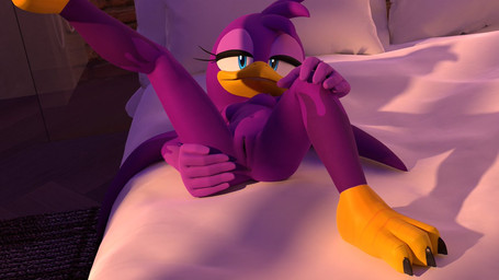 anthro avian_feet beak bed blue_eyes breasts eyelashes feathers feet female front_view furniture genitals head_feathers head_tuft looking_at_viewer lying nude on_back on_bed purple_body purple_feathers raised_leg small_breasts solo spread_legs spreading talons thick_thighs toes tuft vulva wide_hips dargotdruid sega sonic_riders sonic_the_hedgehog_(series) wave_the_swallow avian bird hirundinid oscine passerine swallow_(bird) 16:9 3d_(artwork) blender_(artwork) blender_cycles_(artwork) digital_media_(artwork) widescreen