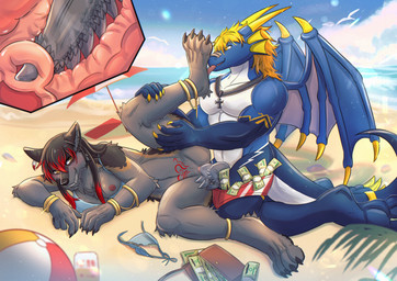4_toes 5_fingers anklet anthro anthro_on_anthro anthro_penetrated anthro_penetrating anthro_penetrating_anthro ball banknote beach beach_ball beach_umbrella big_penis bikini bikini_bottom bikini_top black_body black_fur black_nose blonde_hair blue_body blue_scales bottomless bottomless_anthro bottomless_female bracelet breasts cervical_penetration cervix claws clitoris clothed clothed_anthro clothed_female clothed_male clothing day discarded_bikini_bottom discarded_clothing discarded_swimwear duo fangs feet female female_penetrated finger_claws fingers foot_fetish foot_lick foot_play fur genitals gold_(metal) gold_anklet gold_bracelet gold_jewelry grey_body grey_fur hair highlights_(coloring) hindpaw holding_leg horn humanoid_genitalia humanoid_hands humanoid_vulva inflatable internal internal_vaginal interspecies jewelry kneeling knot knotted_penis licking lying lying_on_ground lying_on_sand male male/female male_penetrating male_penetrating_female membrane_(anatomy) membranous_wings money money_in_speedo money_in_swimwear multicolored_body multicolored_fur multicolored_scales necklace nipples on_ground on_sand on_side one_breast_out outside outside_sex parasol partially_clothed partially_clothed_anthro partially_clothed_female partially_clothed_male paws penetration penile penile_penetration penis penis_in_vagina prostitution public public_exposure public_sex red_highlights sand scales sea sex smile speedo speedo_down spread_legs spreading swimwear swimwear_down tail teeth toe_claws toes tongue tongue_out topless topless_anthro topless_male two-piece_swimsuit two_tone_body two_tone_fur two_tone_scales uterus vaginal vaginal_penetration vulva wallet water white_body white_scales wings womb_tattoo dbyizhen mythology dragon_enigma inkcloud canid canine canis dragon mammal mythological_creature mythological_scalie scalie wolf story story_in_description