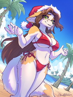 anthro arm_tuft beach big_breasts bikini breasts brown_hair christmas_clothing christmas_headwear clothing dipstick_tail elbow_tuft eyebrows eyelashes female freckled_face freckles fur green_eyes hair hat headgear headwear holidays inner_ear_fluff long_eyelashes markings outside palm_tree plant red_bikini red_clothing red_swimwear santa_hat shoulder_tuft side-tie_bikini small_waist solo string_bikini swimwear tail tail_markings tan_body tan_fur tree tuft two-piece_swimsuit under_boob white_body white_fur wide_hips dankitsune christmas canid canine fox mammal 2025 3:4 hi_res