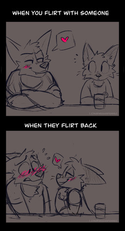 2_panel_comic anthro beverage black_border blush blush_lines bodily_fluids border cheek_tuft chest_tuft clothed clothing container crossed_arms cup duo ears_back facial_tuft flustered flying_sweatdrops fur furniture glass glass_container glass_cup head_tuft heart_reaction heart_symbol looking_at_another male narrowed_eyes pivoted_ears shirt sitting smile speech_bubble sweat sweatdrop table text topwear tuft whiskers white_text norwegianfennec canid canine mammal 2025 artist_name comic hi_res sketch