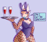 alcohol anthro beverage breasts bunny_costume butt claws cleavage cleavage_cutout clothed clothing costume cutout dialogue fake_ears fake_rabbit_ears female fishnet_clothing fishnet_legwear fishnet_topwear hand_on_hip heart_symbol horn legwear looking_at_viewer markings navel non-mammal_breasts piercing playboy_bunny scales scut_tail short_tail simple_background smile solo speech_bubble stockings striped_body striped_markings striped_tail stripes tail tail_markings teal_eyes text tongue tongue_out tongue_piercing topwear translucent translucent_clothing tray wine alluringcryptid stretch_(alluringcryptid) kobold reptile scalie digital_media_(artwork) english_text hi_res