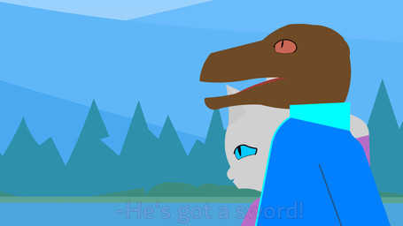 ambiguous_gender anthro cloud dialogue escape feral gesture group hand_gesture hand_on_shoulder hiding hiding_behind_another knife landscape melee_weapon parody plant pointing pointing_at_another polearm scared scythe spear stick_figure sword tree water weapon furqoncoy capcom monster_hunter dinosaur dromaeosaurid felid humanoid lagiacrus leviathan_(mh) mammal prehistoric_species reptile saurischian scalie theropod 16:9 animated hi_res widescreen