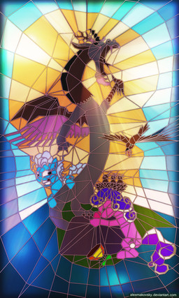 antlers clothing cutie_mark eyes_closed feathered_wings feathers female feral group hair hat headgear headwear horn male membrane_(anatomy) membranous_wings open_mouth propeller_hat purple_hair stained_glass sun tail text tongue white_hair wings alexmakovsky friendship_is_magic hasbro my_little_pony discord_(mlp) screw_loose_(mlp) screwball_(mlp) tom_(mlp) avian bird chimera draconequus earth_pony equid equine horse mammal pony 2012 3:5 hi_res url