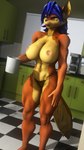 amber_eyes anthro big_breasts black_clothing black_ears black_underwear blue_hair breasts checkered checkered_floor clothed clothing coffee_machine coffee_mug colored_fingernails colored_nails colored_toenails container cup ear_piercing ear_ring exposure_variation feet female fingernails fur hair kitchen lipstick makeup morning mug multicolored_body multicolored_ears multicolored_fur multicolored_tail muscular muscular_anthro muscular_female nails nipples orange_body orange_ears orange_fur orange_tail piercing red_lipstick red_nail_polish red_nails ring ring_piercing solo tail thong toenails toes topless topwear underwear yellow_body yellow_fur yellow_inner_ear yellow_tail sanguine_paladin sly_cooper_(series) sony_corporation sony_interactive_entertainment sucker_punch_productions warfare_machine carmelita_fox warfare_carmelita canid canine fox mammal 2023 3d_(artwork) 9:16 digital_media_(artwork) hi_res