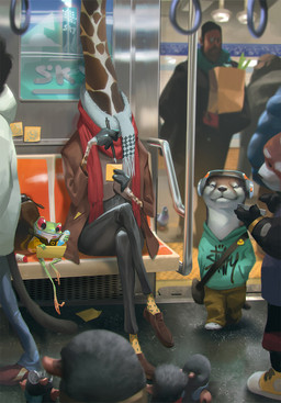 ambiguous_gender anthro bag beard bench black_body black_fur bottomwear brown_body brown_bottomwear brown_clothing brown_pants clothing detailed_background electronics eyes_closed facial_hair footwear fur graffiti green_body green_clothing green_hoodie green_topwear group headphones holding_object holding_pen holding_phone hoodie jacket lamp looking_down male pants pen phone post-it_note red_scarf red_sclera scarf shoes sitting size_difference smile tail text topwear train vehicle walking rudy_siswanto ailurid amphibian eulipotyphlan frog giraffe giraffid human mammal mole_(animal) mustelid otter red_panda 2024 digital_media_(artwork) english_text hi_res