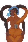 anthro big_ears blue_hair blue_nails butt cappuccinocapuchin colored_nails ear_piercing ear_ring eyebrow_piercing eyebrow_ring facial_piercing female genitals hair long_tail looking_at_viewer nails nose_piercing nose_ring nude piercing pussy red_eyes ring_piercing septum_piercing septum_ring simple_background solo spread_butt spreading tail tail_hold hackainax eve haplorhine mammal monkey primate digital_media_(artwork) flat_colors half-length_portrait portrait