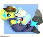 ambiguous_gender blue_body blue_eyes blue_fur blue_sclera clothing duo feral fluffy fluffy_tail fur hat headgear headwear smile tail text tuft yellow_body yellow_fur snoiifoxxo nintendo pokemon generation_4_pokemon pokemon_(species) shinx absurd_res hi_res url