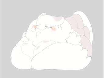 anthro big_breasts blush breasts eyebrows eyes_closed feathers female front_view fur grey_background monotone_body neck_tuft non-mammal_breasts nude nude_female on_ground simple_background solo tail tuft white_body white_ears white_tail wings white_slime_(artist) avian bird owl 2025 digital_drawing_(artwork) digital_media_(artwork) hi_res