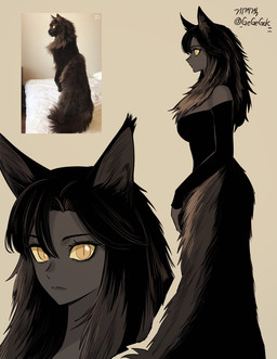 ambiguous_feral ambiguous_gender biped black_body black_clothing black_dress black_ears black_fur black_hair breasts brown_body brown_clothing brown_dress brown_fur brown_hair clothed clothed_female clothed_humanoid clothing comparison creature_and_personification dark_body dark_skin dress eyelashes female female_humanoid feral fully_clothed fur hair humanoid_focus humanoidized long_hair looking_at_viewer multicolored_body multicolored_fur multicolored_hair on_hind_legs photo_reference pupils reference_inset simple_background slit_pupils solo standing tan_background two_tone_body two_tone_fur two_tone_hair yellow_eyes yellow_sclera gegegekman animal_humanoid cat_humanoid domestic_cat felid felid_humanoid feline feline_humanoid felis humanoid maine_coon mammal mammal_humanoid 2025 colored digital_media_(artwork) full-length_portrait headshot_portrait hi_res multiple_images portrait reference_image shaded simple_shading