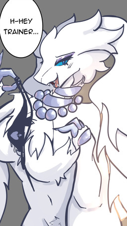 anthro big_breasts blue_eyes breasts claws cleavage clothed clothing crotch_tuft eyeshadow fangs feathers female grey_background holding_clothing holding_object holding_underwear jewelry makeup necklace open_mouth panties simple_background smile solo teeth text tuft underwear white_body white_feathers taffiocha mythology nintendo pokemon dragon feathered_dragon feathered_scalie generation_5_pokemon legendary_pokemon mythological_creature mythological_scalie pokemon_(species) reshiram scalie english_text half-length_portrait hi_res portrait