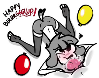 animal_genitalia animal_penis anthro balloon big_butt big_penis birthday black_clothing black_footwear black_socks blowjob_face blush blush_face bodily_fluids bottomwear breasts butt canine_ears canine_genitalia canine_penis clothing dog_tail dripping duo ejaculation excited excited_face fellatio female female_anthro female_focus footwear fur genitals grey_hair hair hands-free inflatable knot looking_up male male/female oral paws penile penis saliva saliva_drip saliva_on_penis sex short short_hair shorts simple_background slim slim_female small_breasts socks spread_legs spreading stunned sweat sweatdrop sweater tail text topwear white_background white_body white_fur wide_hips la_tiapat fifi_(somemf) canid canine canis domestic_dog mammal wolf