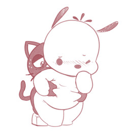 anthro belly blush chibi duo embarrassed grope groping_from_behind kemono male male/male overweight young young_male lkiws hello_kitty_(series) sanrio chococat pochacco canid canine canis domestic_cat domestic_dog felid feline felis mammal hi_res