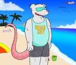 3_fingers anthro beach blue_sky bottomwear chadzadd clothing cloud colored ear_piercing eyewear fingers grin happy male mammal murid murine open_mouth palm_tree piercing plant raised_tail rat rodent sand scruffy sea seaside shirt shorts signature sky smile solo tail tank_top teeth text text_on_clothing tongue topwear trans_(lore) trans_man_(lore) tree water