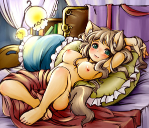 :3 barefoot bed big_breasts blush book breasts brown_hair feet female flat_face furniture green_eyes hair hindpaw inside long_hair looking_at_viewer lying nipples nude on_bed paws pillow pose solo setouchi_kurage animal_humanoid canid canid_humanoid canine canine_humanoid dog_humanoid humanoid mammal mammal_humanoid pinup