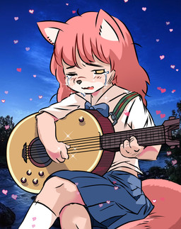4_fingers acoustic_guitar anthro bodily_fluids bottomwear bow_tie clothed clothing crossed_legs crying female fingers fluffy fluffy_tail footwear fur guitar hair heart_symbol kemono long_hair musical_instrument one_eye_closed pink_body pink_fur pink_hair playing_guitar playing_music plucked_string_instrument sad shoes sitting skirt solo sparkles string_instrument tail tears only_izu fur_(theterm) canid canine mammal 2019 absurd_res hi_res