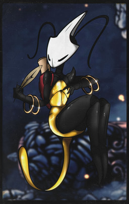 antennae_(anatomy) anthro bag black_body bracelet exoskeleton feathers featureless_feet feet female glistening glistening_body gold_(metal) gold_jewelry horn jewelry long_tail map mouthless muscular noseless solo tail 0l-fox-l0 hollow_knight:_silksong hollow_knight_(franchise) team_cherry shakra_(hollow_knight:_silksong) arthropod insect absurd_res hi_res