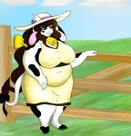 2_toes 5_fingers accessory animal_print anthro belly big_belly big_breasts black_body black_bow black_hair bovid bovine bow_(feature) bow_accessory bow_ribbon breasts cattle clothed clothing cloud cow_print cowbell dress ears_down feet female fence fencepost fingers furgonomics gate grass hair hair_accessory hair_bow hair_ribbon hat headgear headwear heart_symbol hi_res horn huge_breasts lea_(onehandsomefox) mammal navel onehandsomefox overweight overweight_anthro overweight_female pivoted_ears plant pleased pleased_expression ribbons sky skyscape slightly_chubby smile solo sun_hat tail tail_accessory tail_bow tail_ribbon tight_clothing toes white_body wood wood_fence yellow_bow yellow_clothing yellow_dress