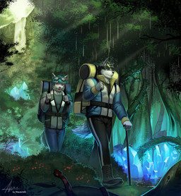5_fingers anthro backpack biceps biped black_nose blue_eyes clothed clothing crystal detailed_background duo fingers forest fur hair happy male muscular muscular_male nature outside plant plantigrade short_hair smile tree walking raccoon21 canid canine canis mammal reptile scalie snake wolf 2015 digital_media_(artwork) hi_res