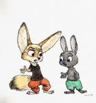 2017 amber_eyes anthro avoid_posting black_body black_fur blue_eyes bottomwear canid canine clothing disney duo fennec_fox finnick_(zootopia) fox fur lagomorph leporid long_ears male mammal open_mouth rabbit shorts simple_background steve_gallacci tan_body tan_fur traditional_media_(artwork) true_fox young young_anthro zootopia