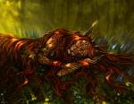 anthro biped detailed_background eyes_closed female flower forest hair horn lying nature outside plant red_hair sleeping solo tree maquenda nimmeth amur_leopard felid hybrid leopard mammal pantherine 2014