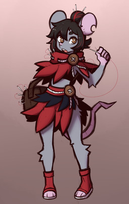 5_fingers anthro biped black_hair bottomwear brown_eyes buckteeth clothed clothed_anthro clothed_female clothing feet female fingers front_view fully_clothed fully_clothed_anthro fully_clothed_female fur gradient_background grey_body hair looking_aside looking_at_viewer medium_hair notched_ear open_mouth patchwork_clothing paws pink_feet pink_paws pink_tail simple_background solo standing tail teeth tongue tongue_showing topwear mewgle mammal mouse murid murine rodent 2025 digital_drawing_(artwork) digital_media_(artwork) hi_res