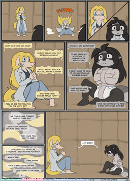 anthro asylum black_hair blonde_hair blue_eyes clothed clothing detailed_background diaper duo female floppy_ears fully_clothed hair hospital inside long_hair lop_ears medical padded_room pantsless_female pivoted_ears restraints sitting sitting_on_ground straitjacket text wearing_diaper the_padded_room esmeralda_kingsley ludivine_laminelle canid canine mammal procyonid raccoon absurd_res comic english_text hi_res