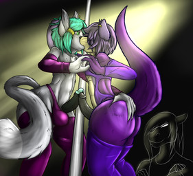 anthro big_butt butt clothed clothing crossdressing dancing duo_focus erection femboy genitals group humanoid_genitalia humanoid_penis legwear male penis pole pole_dancing stockings thong underwear wide_hips makarimorph mammal digital_media_(artwork) hi_res