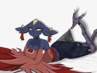 anthro avian_feet big_breasts big_butt big_ears black_eyes black_nose blue_body blue_fur breasts butt choker cleavage clothed clothing clothing_pull ear_piercing eyelashes eyeshadow female floppy_ears forehead_gem fur gem grey_background jewelry legwear legwear_pull long_sleeves lop_ears lying makeup necklace on_front pantyhose pantyhose_pull piercing prosthetic prosthetic_leg prosthetic_limb red_clothing red_eyeshadow red_topwear simple_background solo thick_thighs topwear wide_hips porporpor hooked_on_heel_(trend) nine_sols red_candle_games goumang_(nine_sols) felid feline mammal solarian 4:3 hi_res meme