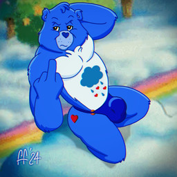 anthro blue_body blue_clothing blue_fur blue_nose blue_thong blue_underwear bulge clothed clothing featureless_chest fur fur_tuft gesture hand_behind_head hand_gesture head_tuft heart_nose heart_symbol male middle_finger mouth_closed multicolored_body multicolored_fur pecs pose solo thong thong_only topless topless_anthro topless_male tuft underwear underwear_only whisker_spots white_body white_fur fabfelipe care_bears grumpy_bear bear mammal 1:1 2024 digital_drawing_(artwork) digital_media_(artwork) hi_res pinup