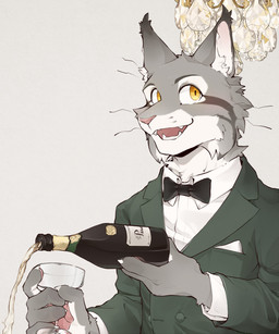 anthro beverage black_bow_tie black_tie_(suit) bow_tie chandelier cheek_tuft claws clothed clothed_male clothing clumsy container countershading cup drinking_glass ear_tuft facial_tuft fluffy fully_clothed fully_clothed_male fur glass glass_container glass_cup grey_body grey_fur holding_beverage holding_glass holding_object inner_ear_fluff looking_at_viewer male male_anthro pawpads pink_nose pouring simple_background smile solo suit suit_jacket tuft whiskers white_body white_claws white_fur white_inner_ear_fluff wine_glass yellow_eyes luxury_gin disney zootopia pawbert_lynxley canada_lynx felid feline lynx mammal absurd_res hi_res