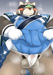 anthro asian_clothing balls belly big_belly blush bodily_fluids bulge clothed clothing clothing_lift east_asian_clothing embarrassed fundoshi genitals japanese_clothing kemono kimono looking_away male overweight overweight_anthro overweight_male pubes solo sweat underwear bake_gosut lifewonders live_a_hero shoen canid canine mammal raccoon_dog tanuki 2020 hi_res