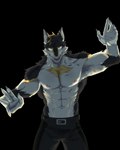 anthro big_muscles black_body black_fur black_hair blonde_hair fur hair male muscular muscular_anthro muscular_male solo white_body yellow_body yellow_eyes yellow_fur unknown_artist vortiganshine absurd_res alpha_channel hi_res