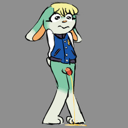anthro black_eyes blonde_hair bodily_fluids circumcised clothing embarrassed eyelashes flaccid fur genital_fluids genitals glistening glistening_eyes green_body hair jacket letterman_jacket male peeing penis rolfeshotdead simple_background solo topwear urine wetting animal_crossing nintendo sasha_(animal_crossing) lagomorph leporid mammal rabbit full-length_portrait portrait
