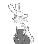 anthro bedroom_eyes clothing female hair hair_over_eye latex latex_clothing latex_skinsuit narrowed_eyes one_eye_obstructed rubber_clothing seductive skinsuit solo sweater tight_clothing topwear pepperchan happie_(character) lagomorph leporid mammal rabbit monochrome