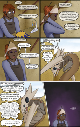 6_eyes apron black_eyes blue_eyes brown_body clothed clothing confusion dialogue duo eyes_closed female feral fully_clothed greeting hair hair_bun kerchief male multi_eye red_hair speech_bubble tan_body text wounded valsalia out-of-placers kalgkur nell_(oop) baxxid human mammal 2025 comic english_text hi_res letterbox