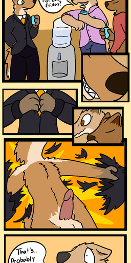 accessory anthro blush brown_eyes clothing erection genitals green_eyes group male necktie nude penis smile suit text torn_clothing unprofessional_behavior water trout_(artist) canid canine canis domestic_dog fox mammal 2016 absurd_res aliasing comic digital_media_(artwork) english_text hi_res