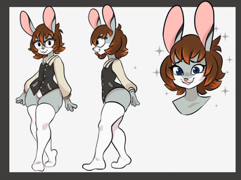 anthro blue_eyes brown_hair cartoon_eyes clothing eyewear femboy feminine fur glasses hair jacket legwear male multicolored_body multicolored_fur smile solo standing stockings topwear wide_hips coffekat gabby_summers_(oc) lagomorph leporid mammal rabbit hi_res