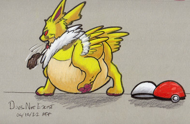 3_toes abdominal_bulge belly big_belly burping countershading fangs feet feral feral_pred fur huge_belly long_ears male male_pred pawpads pink_pawpads pokeball quadruped rear_view red_eyes ruff solo teeth toes vore white_body white_fur yellow_body yellow_fur doesnotexist nintendo pokemon jules_(doesnotexist) eeveelution generation_1_pokemon jolteon pokemon_(species) 2022 dated hi_res signature traditional_media_(artwork)