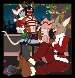 anthro antlers arms_tied ball_gag barefoot bdsm black_hair bondage bound brown_body brown_fur brush christmas_clothing christmas_headwear claws clothing costume dominant dominant_female eyemask eyewear fangs feet female foot_fetish foot_focus fur gag gagged gloves hair half_naked handwear hat headgear headwear holidays horn laugh legs_tied male mask nipple_fetish nipple_play paws plantigrade questionable_consent red_ball_gag restraints rope rope_bondage santa_hat scarf snow snowing submissive submissive_male tape teeth tickle_torture tickling tied_to_chair toe_restraints toes toes_tied underwear trevhart christmas rhea_(gagpal3) sora_(gagpal3) trevon bat deer domestic_cat felid feline felis mammal murid murine new_world_deer rat reindeer rodent 2025 hi_res