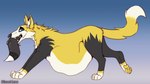 16:9 animated belly big_belly black_nose blauehexe blinking blonde_hair blue_eyes canid canine canis claws fangs feral grin hair hexentatze male mammal oral_vore pawpads predator/prey short_playtime smile solo teeth vore white_belly white_paws widescreen wolf yellow_claws yellow_pawpads