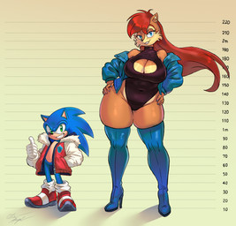anthro big_breasts black_clothing black_leotard black_nose blue_body blue_clothing blue_eyes blue_fur blue_hair blue_jacket blue_latex blue_legwear blue_thigh_boots blue_thigh_highs blue_topwear bomber_jacket boots breasts brown_body brown_fur chart cheek_tuft cleavage cleavage_cutout clothed clothed_anthro clothed_female clothed_male clothing curvy_figure cutout duo eyebrows eyelashes facial_tuft featureless_crotch female footwear fur gesture gloves green_eyes hair half-closed_eyes hand_gesture hands_on_hips handwear height_chart high_heeled_boots high_heels huge_breasts inner_ear_fluff jacket larger_female latex latex_boots latex_clothing latex_footwear latex_legwear latex_thigh_boots latex_thigh_highs legwear leotard lidded_eyes lips long_hair looking_at_viewer male multicolored_body narrowed_eyes navel off_shoulder open_clothing open_jacket open_topwear orange_body orange_fur pink_lips red_hair shoes simple_background size_difference skindentation smaller_male smile smiling_at_viewer sneakers standing teeth thick_thighs thigh_boots thigh_highs thumbs_up tight_clothing topwear tuft two_tone_body unitard white_clothing white_gloves white_handwear wide_hips azul35art archie_comics sega sonic_the_hedgehog_(archie) sonic_the_hedgehog_(comics) sonic_the_hedgehog_(series) sally_acorn sonic_the_hedgehog chipmunk eulipotyphlan ground_squirrel hedgehog mammal rodent sciurid 2026 absurd_res colored digital_drawing_(artwork) digital_media_(artwork) hi_res shaded