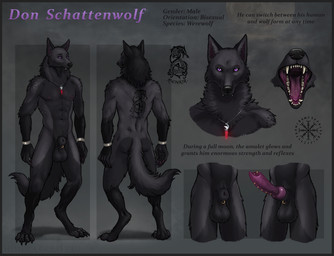 animal_genitalia anthro balls black_balls black_body black_border black_fur black_markings black_nose border digitigrade erection fangs frenum_ladder frenum_piercing front_view fully_sheathed fur furgonomic_piercing furgonomics genital_piercing genitals grey_body grey_fur jewelry knot ladder_piercing male male_anthro markings mouth_closed necklace nude open_mouth penis penis_piercing piercing purple_eyes rear_view sheath sheath_piercing solo standing teeth text himeragoldtail canid canine canis mammal wolf 2025 english_text hi_res model_sheet
