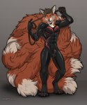 abs absurd_res animal_genitalia anthro balls beckoning black_nose bulge canid canine clothing collar countershade_face countershade_neck countershade_torso countershading detailed_bulge digitigrade dipstick_tail fluffy fluffy_tail fox front_view fully_sheathed fur genitals gesture grey_background hi_res latex latex_clothing latex_skinsuit leash leashed_collar male mammal markings multi_tail muscular octo_the_kitsune open_mouth open_smile orange_body orange_fur orange_tail sheath simple_background skinsuit smile solo standing tail tail_markings tight_clothing white_body white_countershading white_tail_tip zempy3