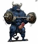 abs anthro balls bandage barefoot biceps big_balls big_muscles big_penis biped blue_body blue_fur bodily_fluids brown_eyes clenched_teeth curved_penis erection exercise feet fur genitals grey_body grey_fur hand_wraps hooves horn huge_muscles humanoid_genitalia humanoid_penis male muscular muscular_anthro muscular_male nude obliques pecs penis simple_background solo standing sweat teeth thick_penis vein weightlifting weights white_background workout wraps aokamidu disney zootopia chief_bogo bovid bovine cape_buffalo mammal hi_res