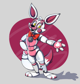 4_fingers anthro bow_tie cheek_tuft countershade_face countershade_torso countershading eyebrows facial_tuft fingers hand_on_hip lipstick machine makeup open_mouth raised_arm red_bow_tie shadow smile solo speaker tail teeth text tuft white_body yellow_eyes fallingwaterx five_nights_at_freddy's scottgames sister_location funtime_foxy_(fnaf) animatronic canid canine fox mammal robot 2016 artist_name