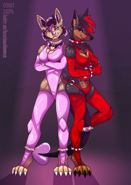 anthro armwear bracelet breasts claws clothed clothing collar collar_tag duo ear_piercing facial_piercing female fur gloves hair handwear inner_ear_fluff jewelry latex latex_armwear latex_clothing latex_gloves latex_handwear latex_legwear latex_skinsuit latex_thigh_highs legwear looking_at_viewer nose_piercing piercing simple_background skinny skinny_anthro skinny_female skinsuit smile smirk smirking_at_another spiked_bracelet spiked_collar spikes tail thigh_highs tight_clothing toe_claws tuft lusciouslioness canid canine canis chihuahua dobermann domestic_dog fennec_fox fox hybrid mammal pinscher succubus toy_dog true_fox 2025 digital_media_(artwork) hi_res shaded